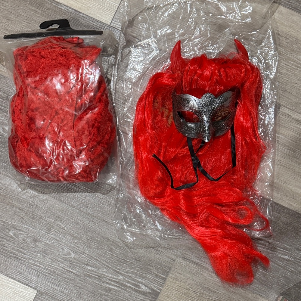 Red Devil Costume Wig Mask and Cape